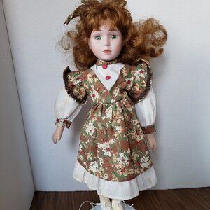 Vintage Artmark Brown Haired Girl in Flower Dress 16 Inch Porcelain Doll